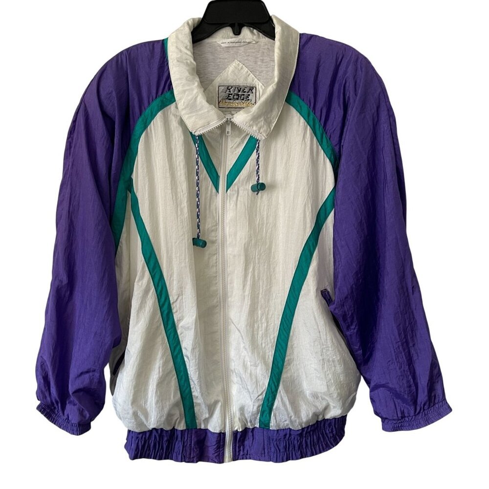 Vintage River Edge Zip-Up Nylon Windbreaker Jacket Purple Colorblock Size M 90's